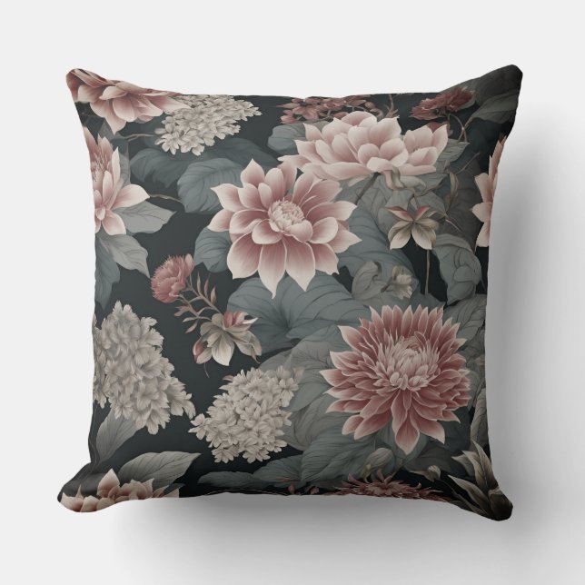 Elegant Chinoiserie Grey and Raspberry Florals  Throw Pillow (Front)