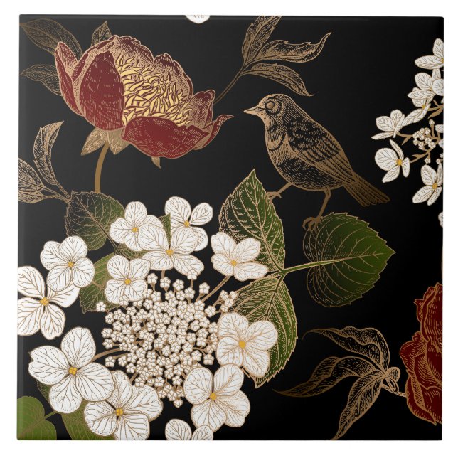 Elegant Chinoiserie Inspired Floral Blooms        Ceramic Tile (Front)