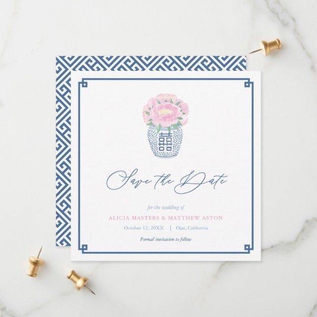 Elegant Chinoiserie Navy Blue Pink Spring Wedding Save The Date (Front/Back In Situ)