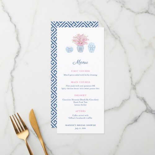 Elegant Chinoiserie Navy & Pink Bridal Shower Menu - Classic Ginger Jar menu card design to match my invitations and stationery in the same range. Please note you can change the contrast color on the reverse (currently a dark blue) by changing the background color on the reverse (underneath the text personalization boxes, click or tap to personalize further and enter the design tool).