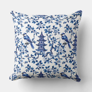 Elegant Chinoiserie Pagoda and Birds Throw Pillow