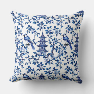 Elegant Chinoiserie Pagoda and Birds Throw Pillow