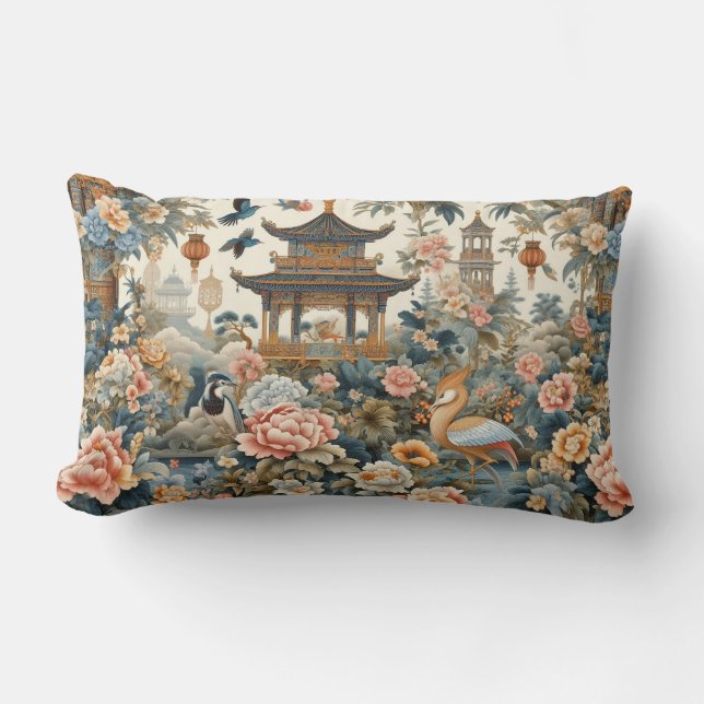 Elegant Chinoiserie Pagoda Asian Scenic Lumbar Pillow (Front)