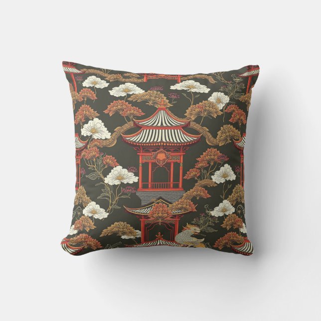 Elegant Chinoiserie Pagoda Black Red Outdoor Pillow (Front)
