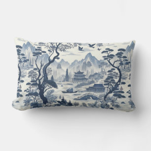 Elegant Chinoiserie Pagoda Blue & White Scenic Lumbar Pillow