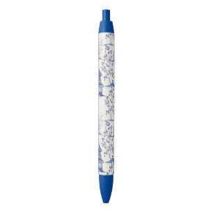 Elegant Chinoiserie Pagoda Trees Blue Pen