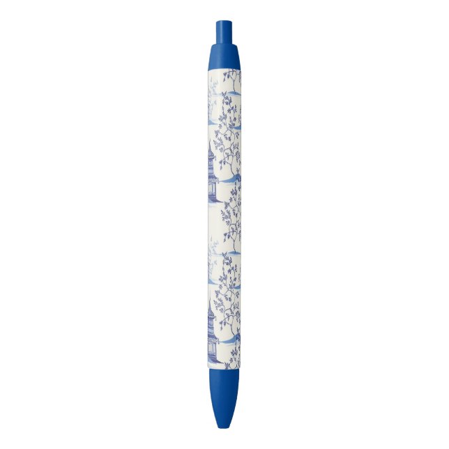 Elegant Chinoiserie Pagoda Trees Blue Pen (Front Vertical)