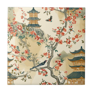 Elegant Chinoiserie - Pagodas, Blossoms, and Birds Ceramic Tile