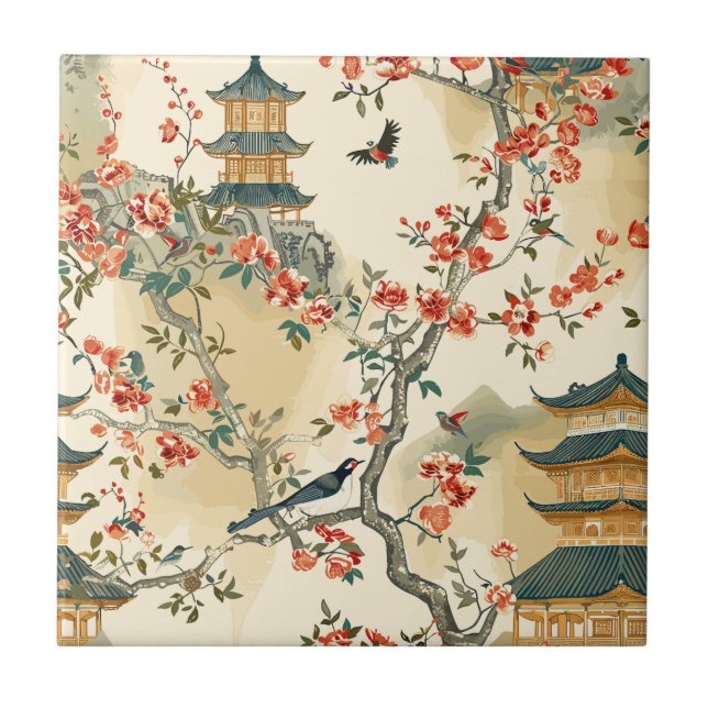 Elegant Chinoiserie - Pagodas, Blossoms, and Birds Ceramic Tile (Front)