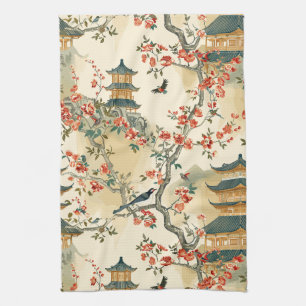Elegant Chinoiserie - Pagodas, Blossoms, and Birds Kitchen Towel