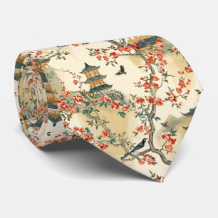 Elegant Chinoiserie - Pagodas, Blossoms, and Birds Neck Tie