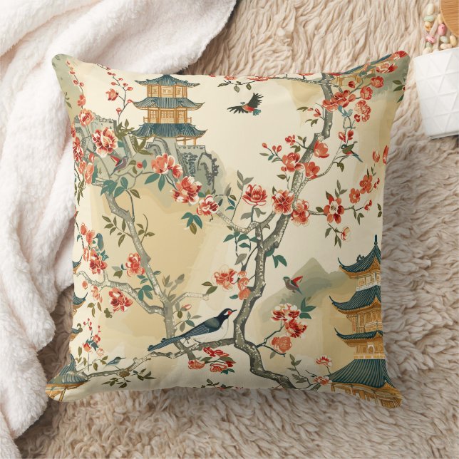Elegant Chinoiserie - Pagodas, Blossoms, and Birds Throw Pillow (Blanket)
