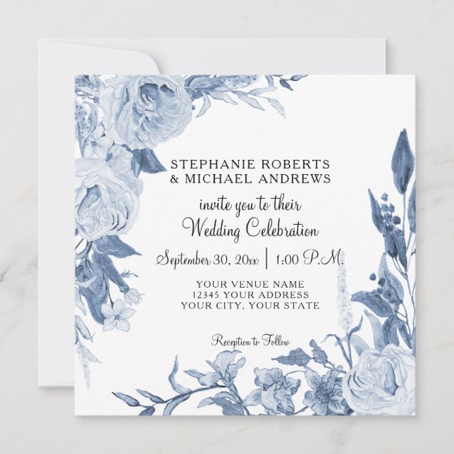 Elegant Chinoiserie Peony Floral Blue Wedding Invitation (Front)