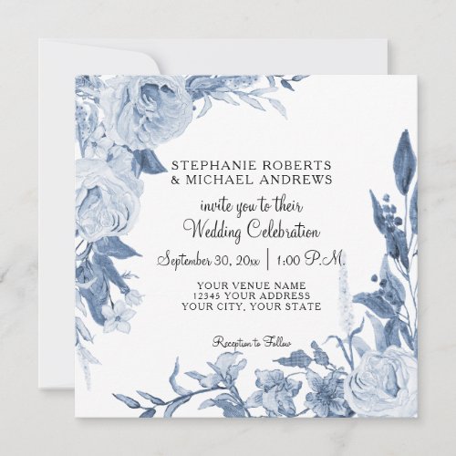 Elegant Chinoiserie Peony Floral Blue Wedding Invitation