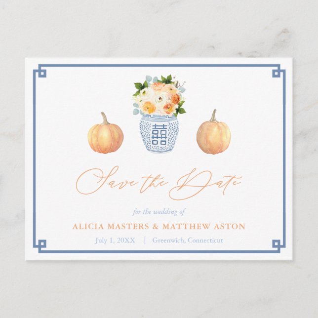 Elegant Chinoiserie Pumpkins Wedding Save The Date Postcard (Front)