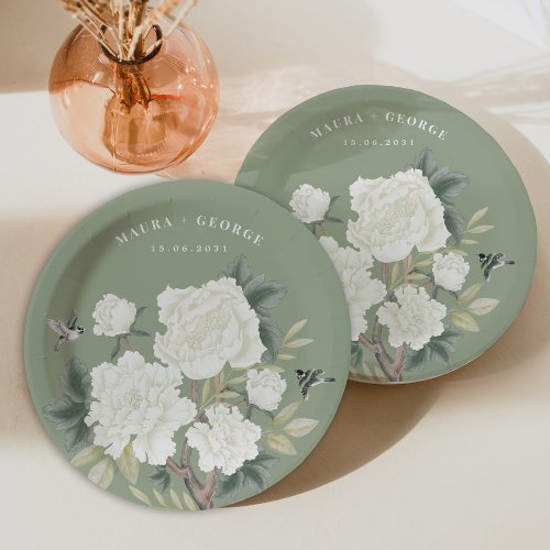 Elegant Chinoiserie Sage Green Floral Bird Wedding Paper Plates