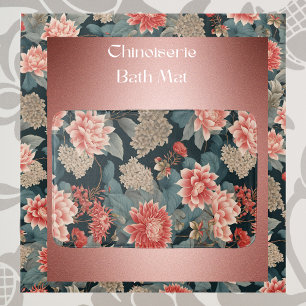 Elegant Chinoiserie Teal Peach Florals Bath Mat