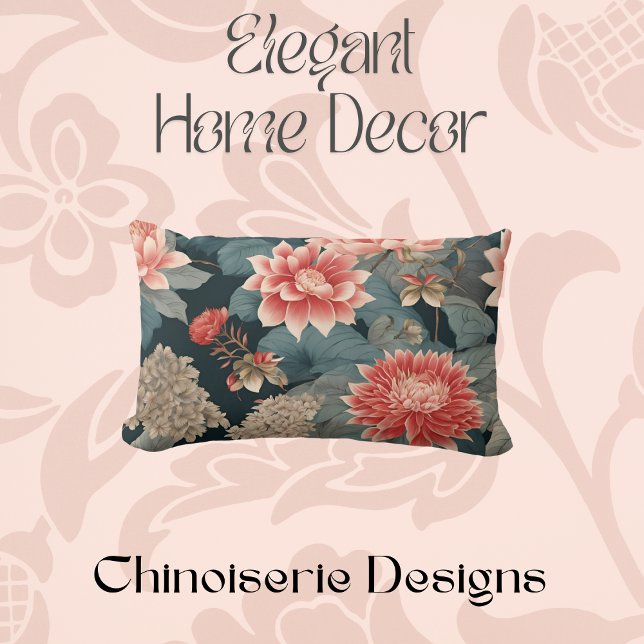 Elegant Chinoiserie Teal Peach Florals  Lumbar Pillow (Creator Uploaded)