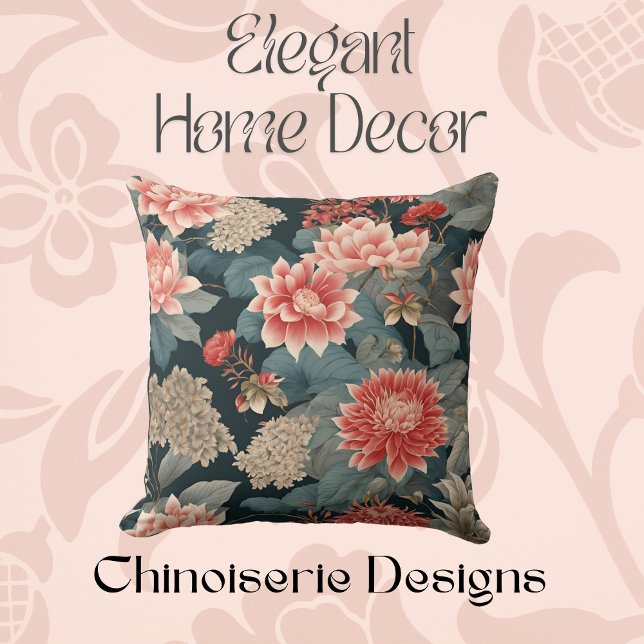 Elegant Chinoiserie Teal Peach Florals  Throw Pillow (Creator Uploaded)