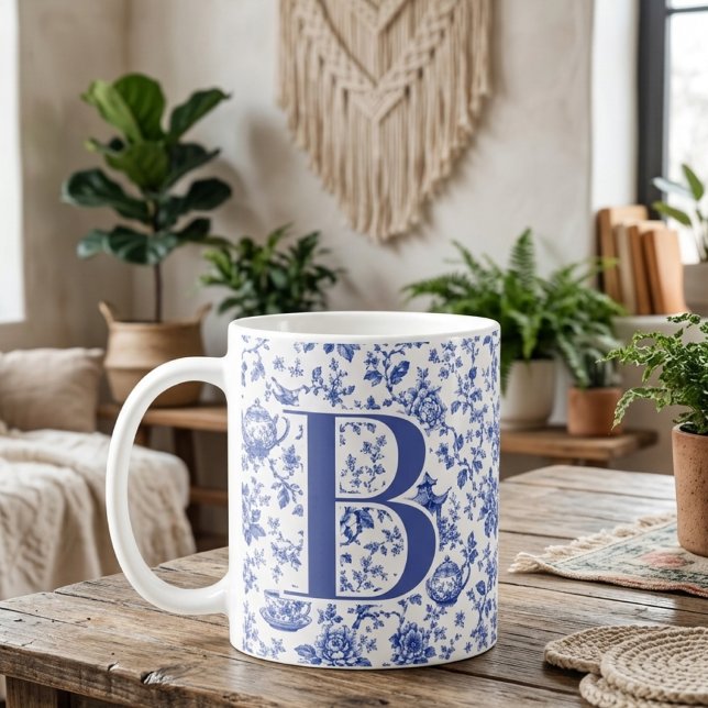 Elegant Chinoiserie Toile Mom Bride Custom Initial Coffee Mug (Vintage chinoiserie toile monogram wedding | bachelorette party | mother’s day initial name mug)