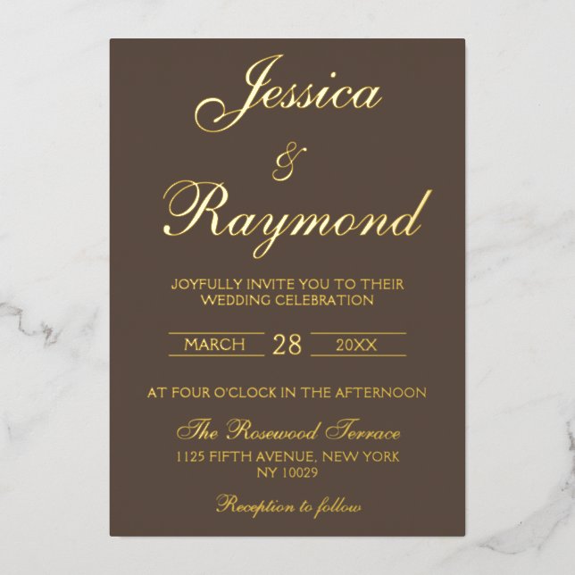 Elegant Chocolate Brown and Gold Foil Wedding Invitation (Front)