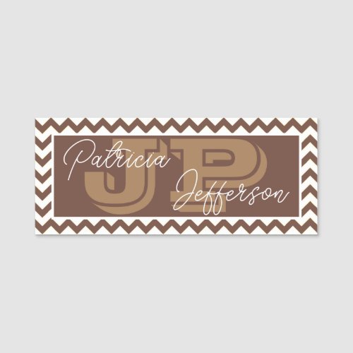 Elegant Chocolate Brown Chevron Unique Monogrammed Name Tag