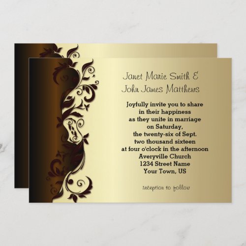 Elegant Chocolate Brown  Gold Floral Wedding Invitation