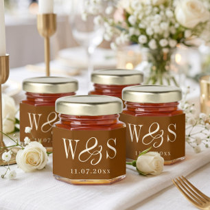 Elegant Chocolate Brown Wedding Couples Initials Honey Jar Favors