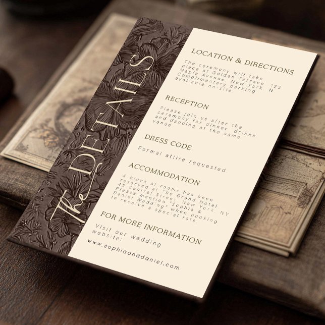 Elegant Chocolate Mocha Wedding Details Card (Share important wedding details with guests using this matching chocolate mocha embossed floral deta)