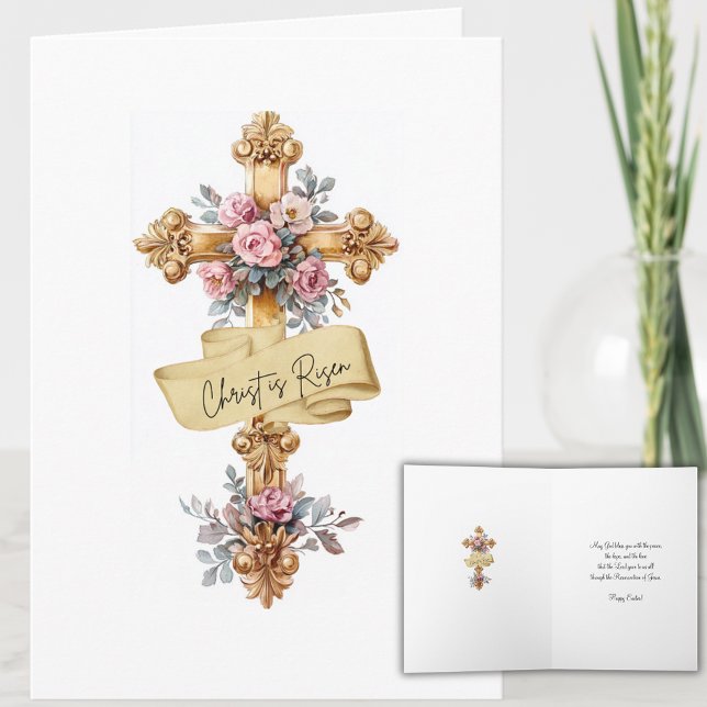 Elegant "Christ is Risen" Floral Cross Easter Holiday Card (Creator Uploaded)