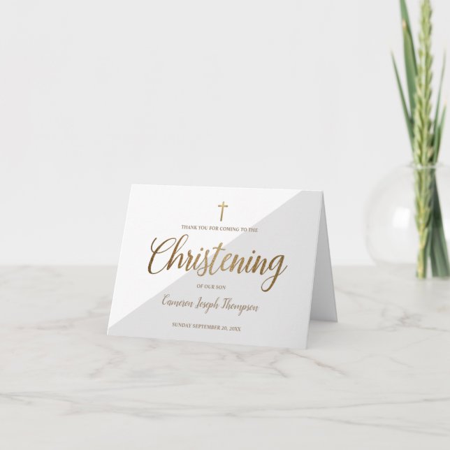 Elegant Christening Baby Boy GREY Gold Thank You Card (Front)