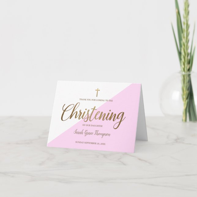 Elegant Christening Baby Girl Pink Gold Thank You Card (Front)