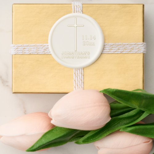 Elegant Christening Cross Name Date Wax Seal Sticker