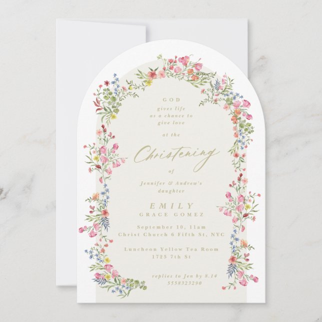 elegant christening floral spring arch invitation (Front)