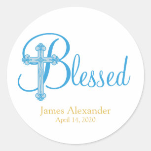 elegant CHRISTENING or BAPTISM blue cross Classic Round Sticker