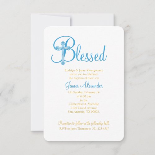 elegant CHRISTENING or BAPTISM blue gold cross Invitation