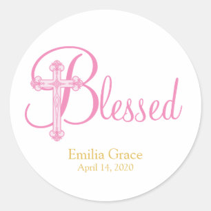 elegant CHRISTENING or BAPTISM pink gold cross Classic Round Sticker
