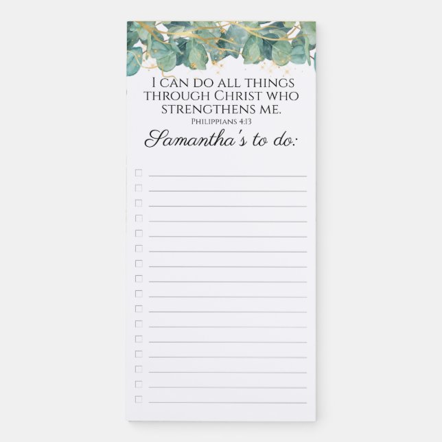 Elegant Christian Bible Verse Eucalyptus Greenery Magnetic Notepad (Front)