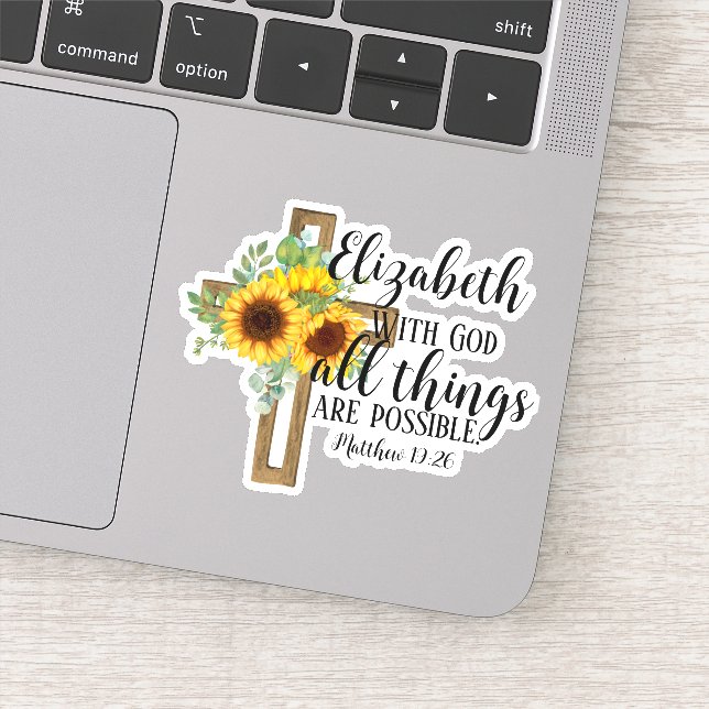 Elegant Christian Bible Verse Sunflowers Cross Sticker (Detail)