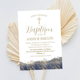 Elegant Christian Blue Gold Cross Baptism Invitation