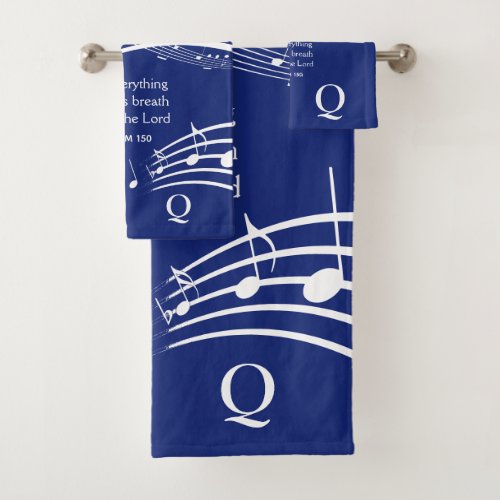 Elegant Christian Blue Music Notes Monogram Bath Towel Set