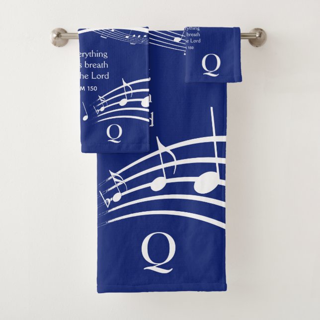 Elegant Christian Blue Music Notes Monogram Bath Towel Set (Insitu)