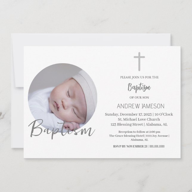 Elegant Christian Blue Round Photo  | Baptism Invitation (Front)