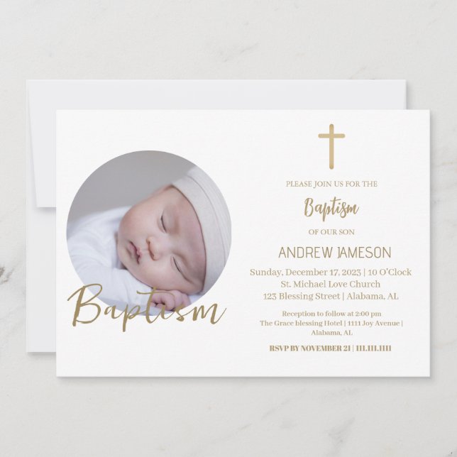 Elegant Christian Blue Round Photo  | Baptism Invitation (Front)