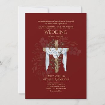 Elegant Christian Burgundy Gold Cross Wedding Invitation