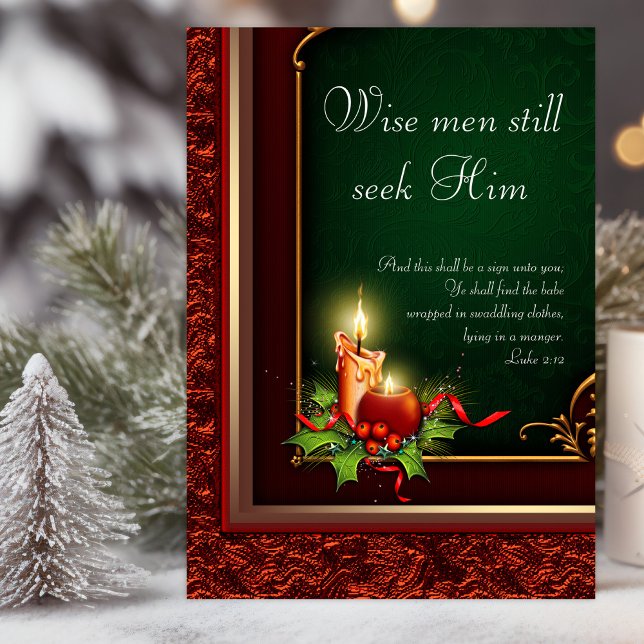 Elegant Christian Christmas Cards (Christian Christmas card with bible verses. Elegant red, gold and green candle and holly.)