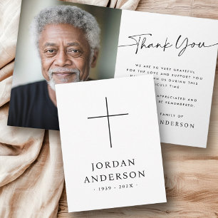 Elegant Christian cross name date funeral photo Letterpress Thank You Card