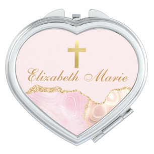 Elegant Christian Cross Personalized Pink Gold Compact Mirror