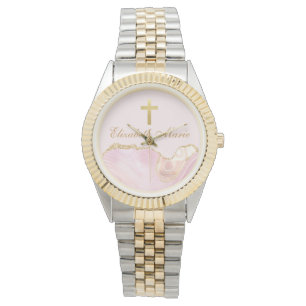 Elegant Christian Cross Personalized Pink Gold Watch