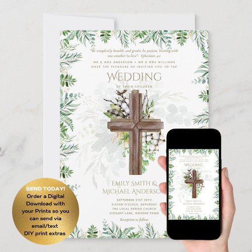 Elegant Christian Greenery Rustic Cross Wedding Invitation